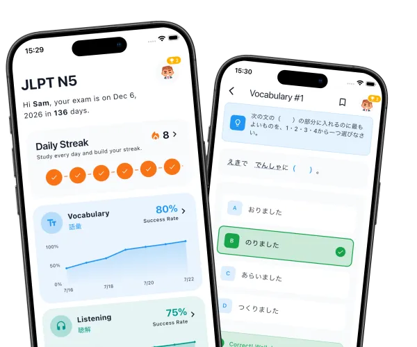 JLPT Academy app showing a daily study streak and an exam-style vocabulary question