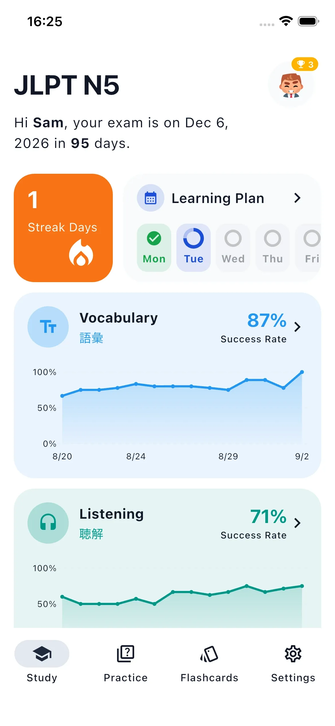 Home screen with exam countdown, daily streak, learning plan and success rates